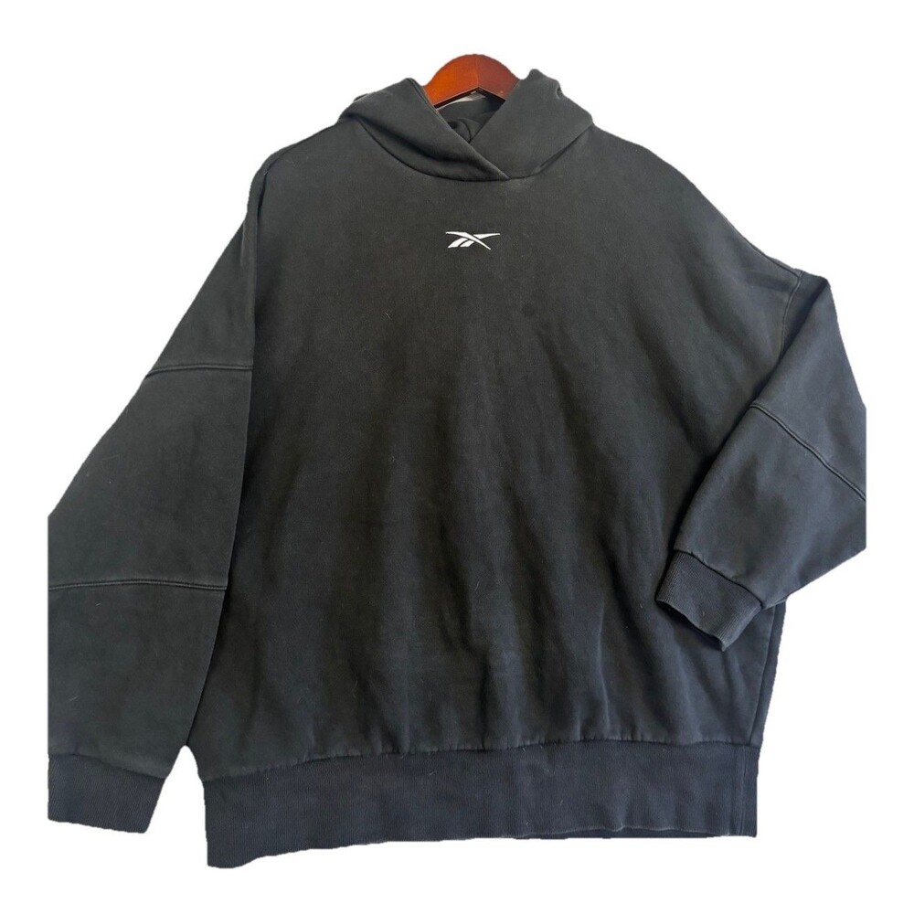 Reebok XL Black Oversized Hoodie Pullover Sweatshirt Fleece Logo Athleisure